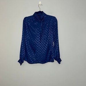 Vintage Astor One Blue Checkered Pleated Blouse w/ Tie Neck and Buttons on Back